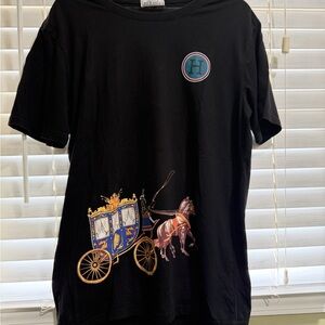Hermes Black Tee with Colorful Carriage Design
